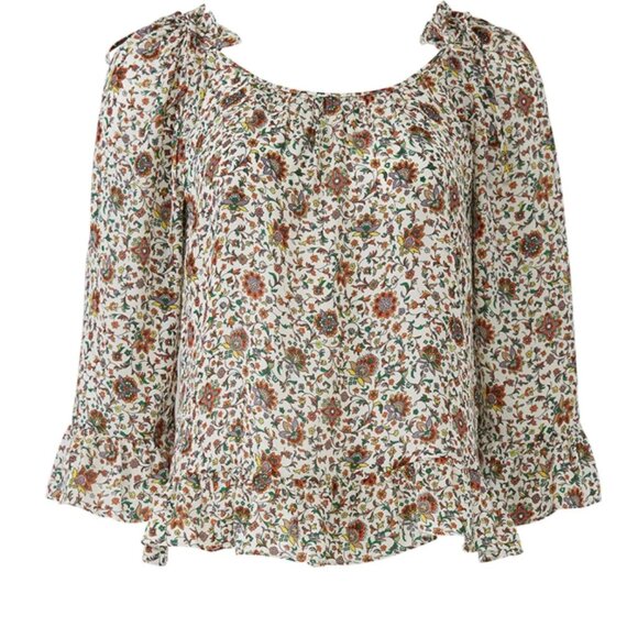 NWOT Tory Burch Ivory Soleil Floral Ruffle Silk Bohemian Top/Blouse XS $348 - Picture 4 of 16